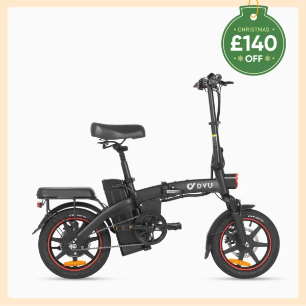 DYU A5 Foldable Electric Bike 14-inch with integrated 48V 7.5Ah battery and front fork suspension, ideal for off-road and urban commutes.