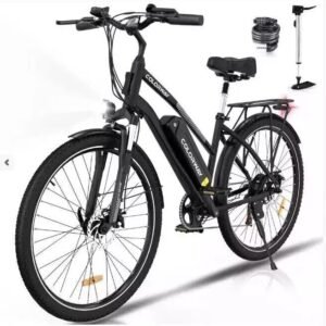 COLORWAY BK27 Electric Bike for city commuting with 250W motor, 36V 15Ah battery, 28-inch wheels, and Shimano 7-speed gears. Features front suspension and disc brakes for a smooth and safe ride.